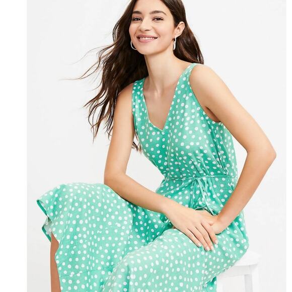 Loft Green Polka Dot Midi Dress Sz SP Linen Blend Summer Cottagecore Retro Chic - Picture 1 of 10